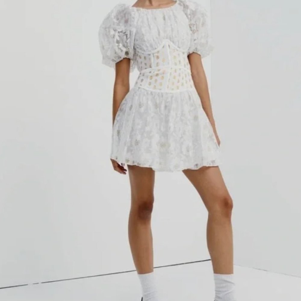 NWT For Love And Lemons Lupita Corset Lurex Daisies Lace Metallic Mini Dress